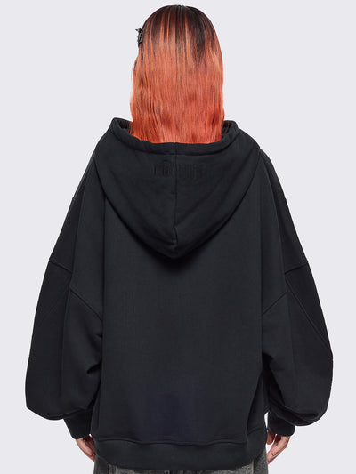 Black zip up hoodie jacket with grunge graphic print.