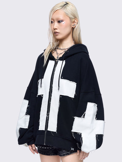 Black zip up hoodie jacket with white chunky cross patches. on front and sleeves