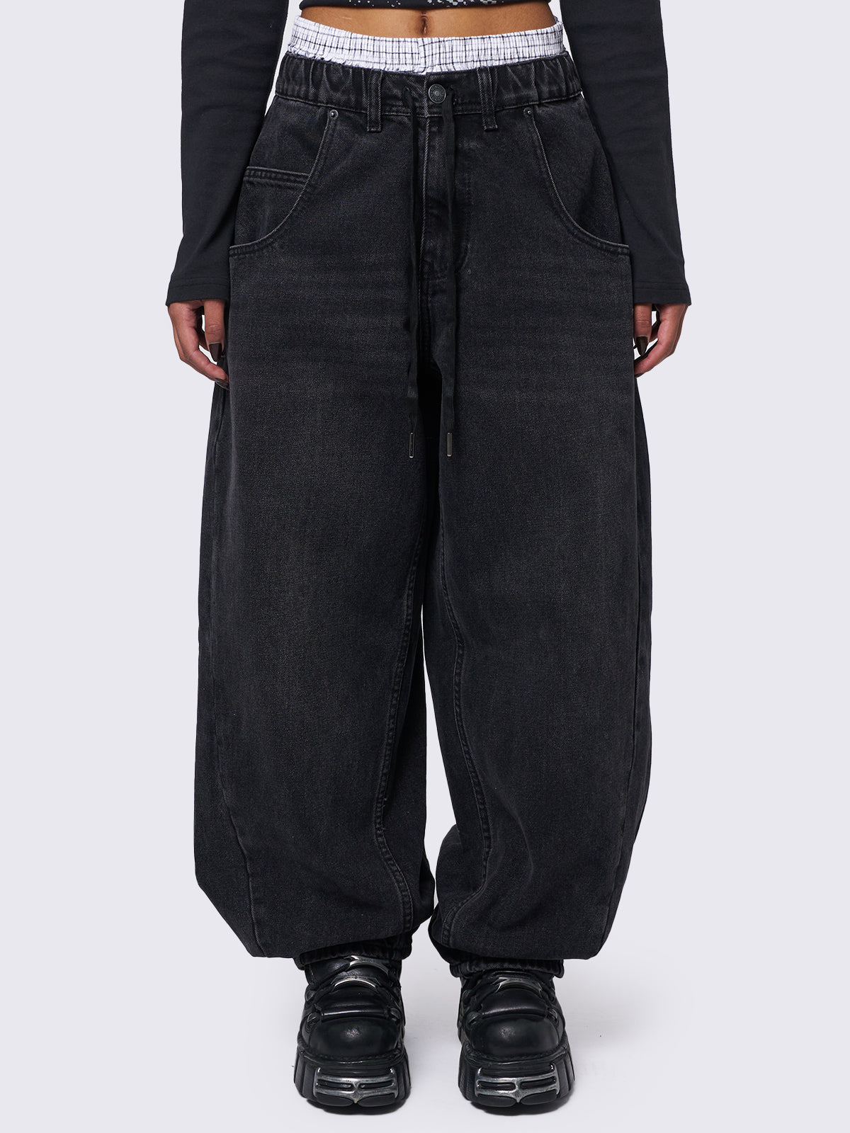 Oversized balloon jeans in washed black featuring elasticated drawstring waist