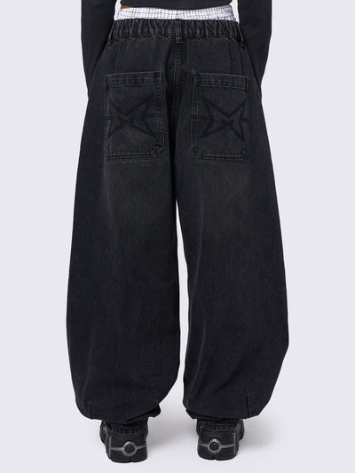 Oversized balloon jeans in washed black featuring elasticated drawstring waist