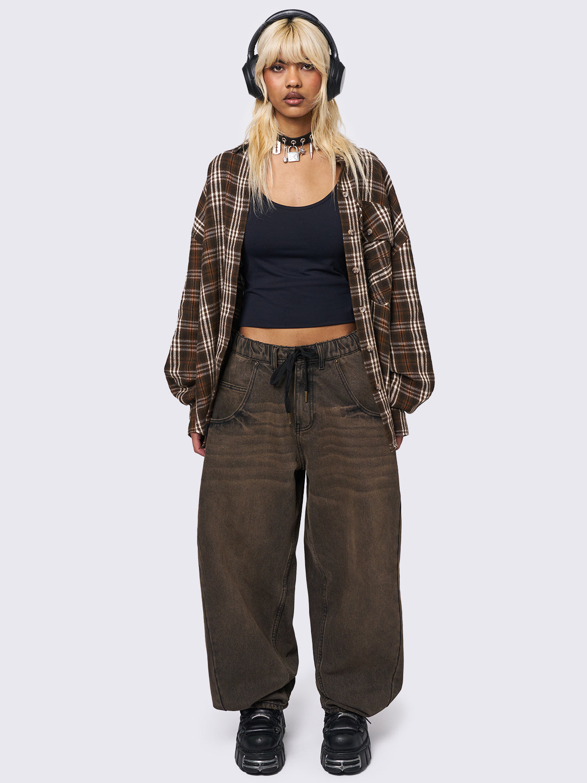 Oversized balloon jeans in washed brown with elasticated drawstring waist