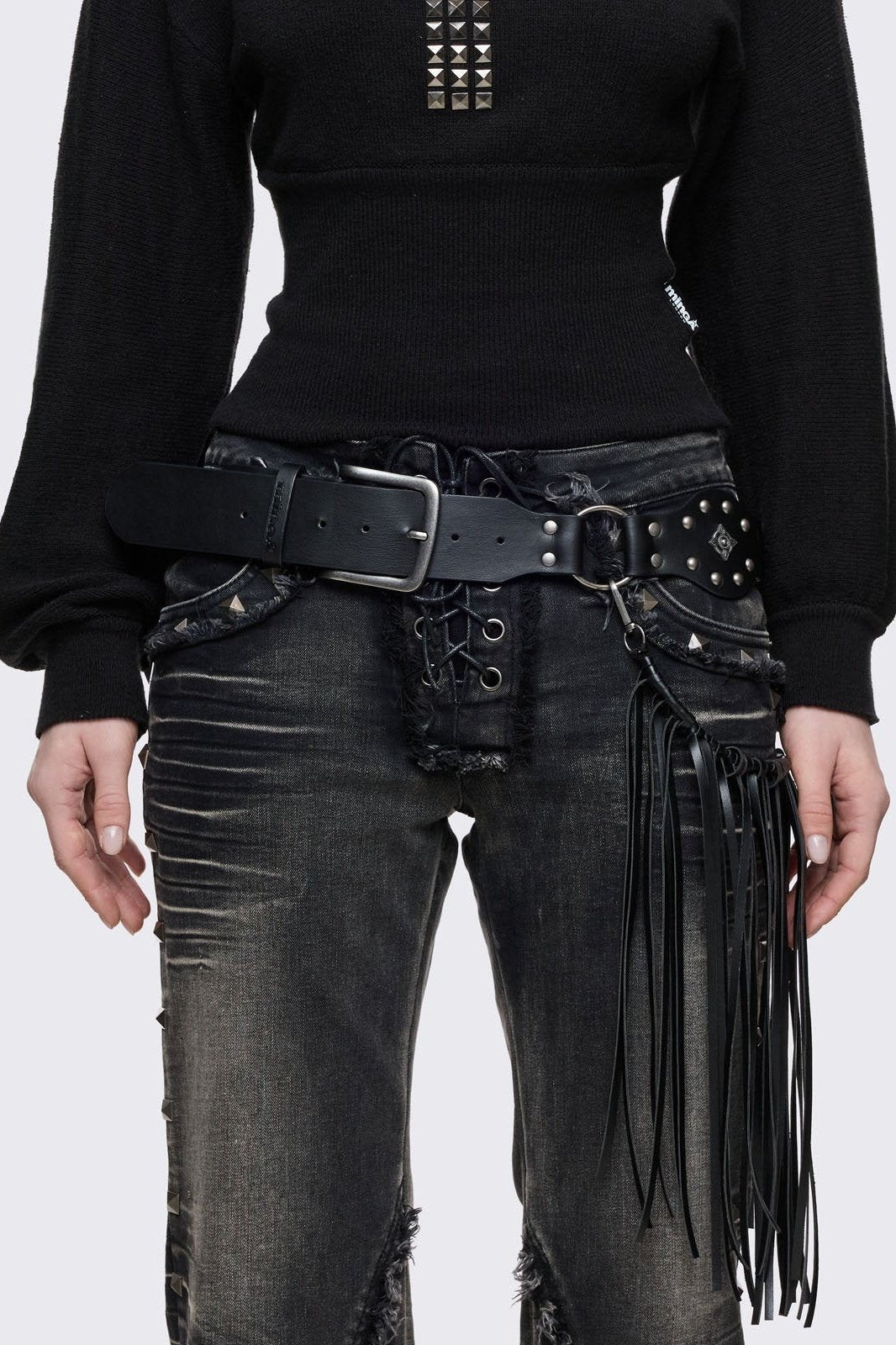 Black vegan leather concho belt with silver stud details