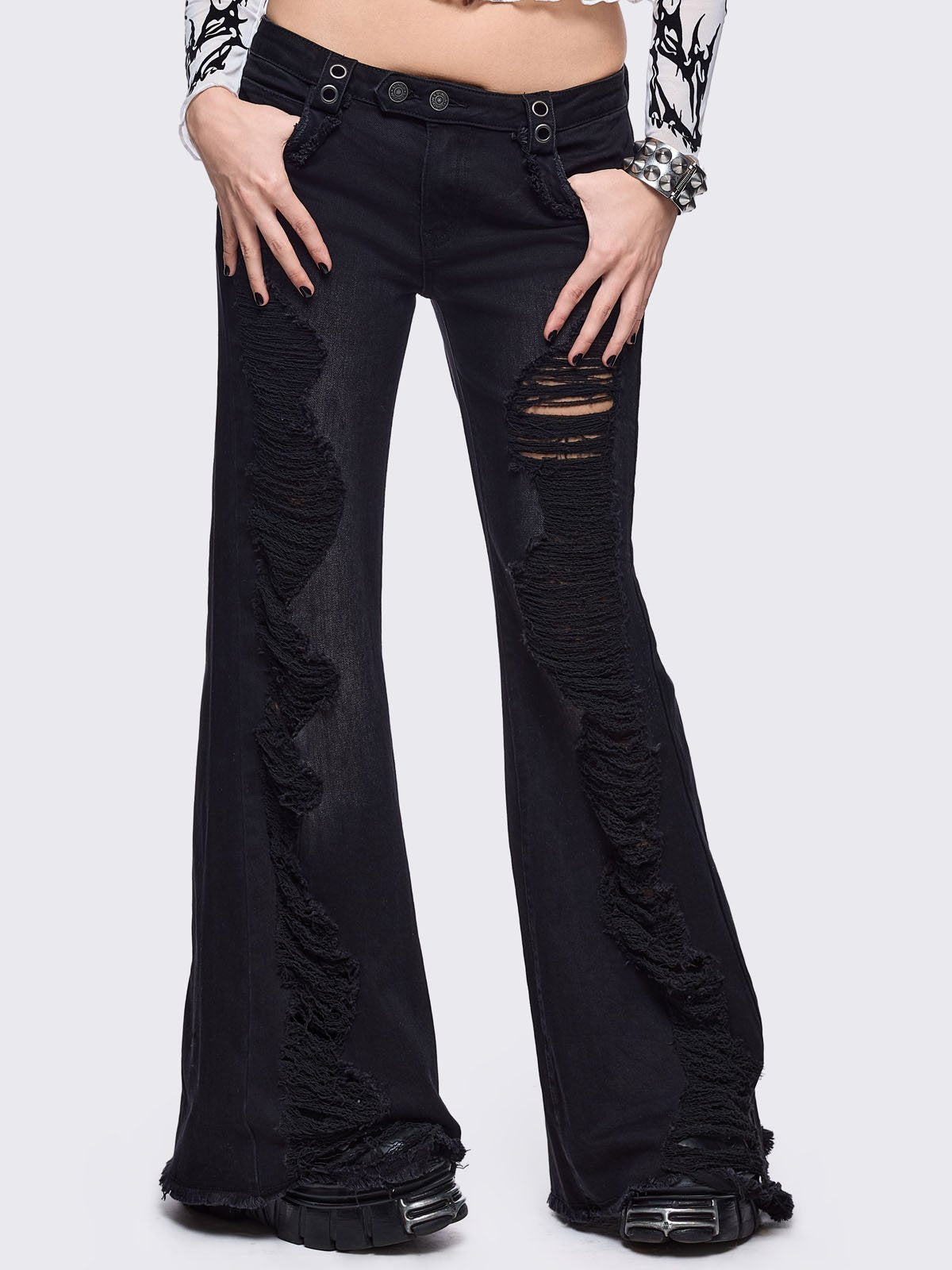 Black washed flare jeans with front shedded