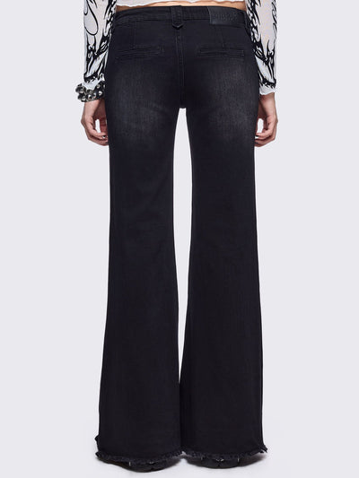 Black washed flare jeans with front shedded