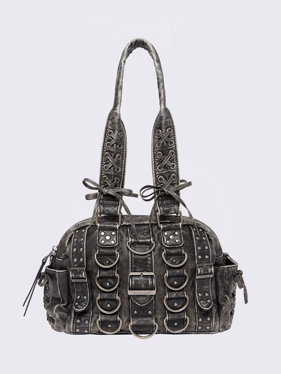 Washed Black Vegan Leather Shoulder Bag with Buckles and D-rings