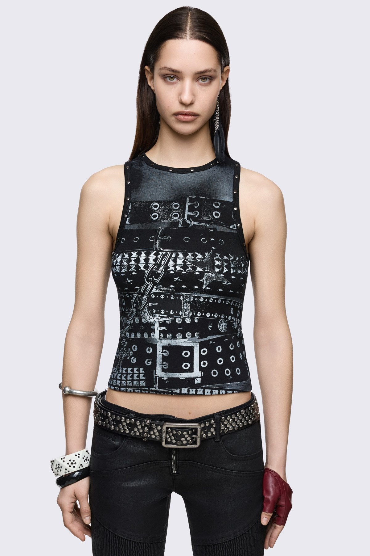 Black cotton tank top with trompe l'oeil belt graphic, studded trim and slim fit in a grunge indie sleaze style.