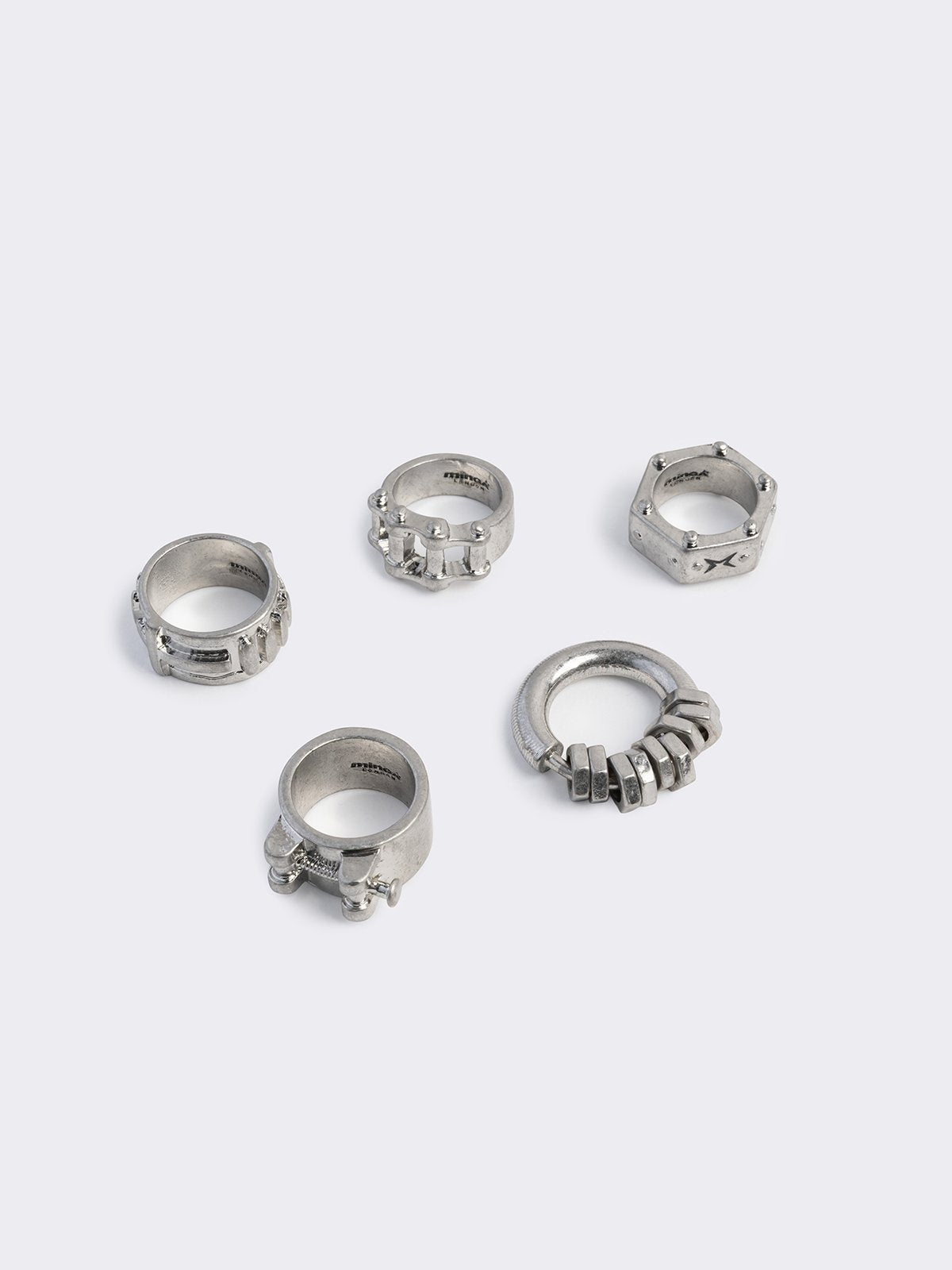 Set of 5 rings with nut, bolt and more hardware designs