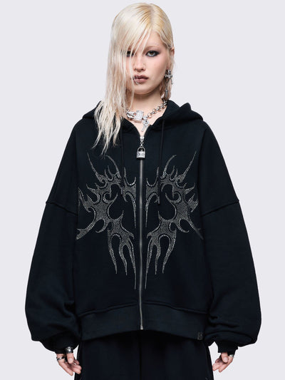 Black zip up hoodie eith sigilism heart rhinestone graphic