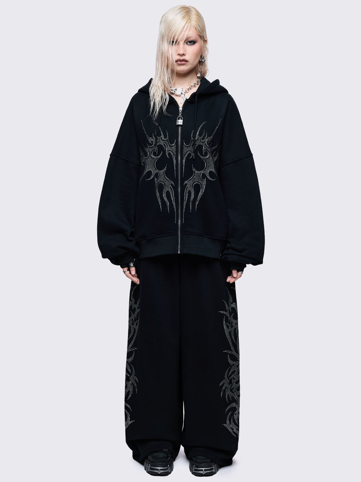 Black zip up hoodie eith sigilism heart rhinestone graphic