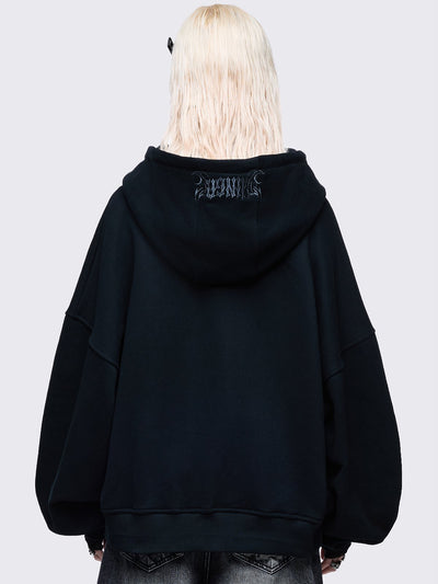 Black zip up hoodie eith sigilism heart rhinestone graphic