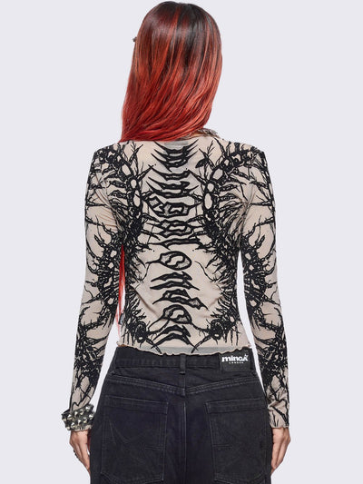 Beige mesh top with black centipede graphic print.