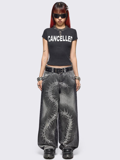Grey washed baggy jeans with centipede graphic front print. 
