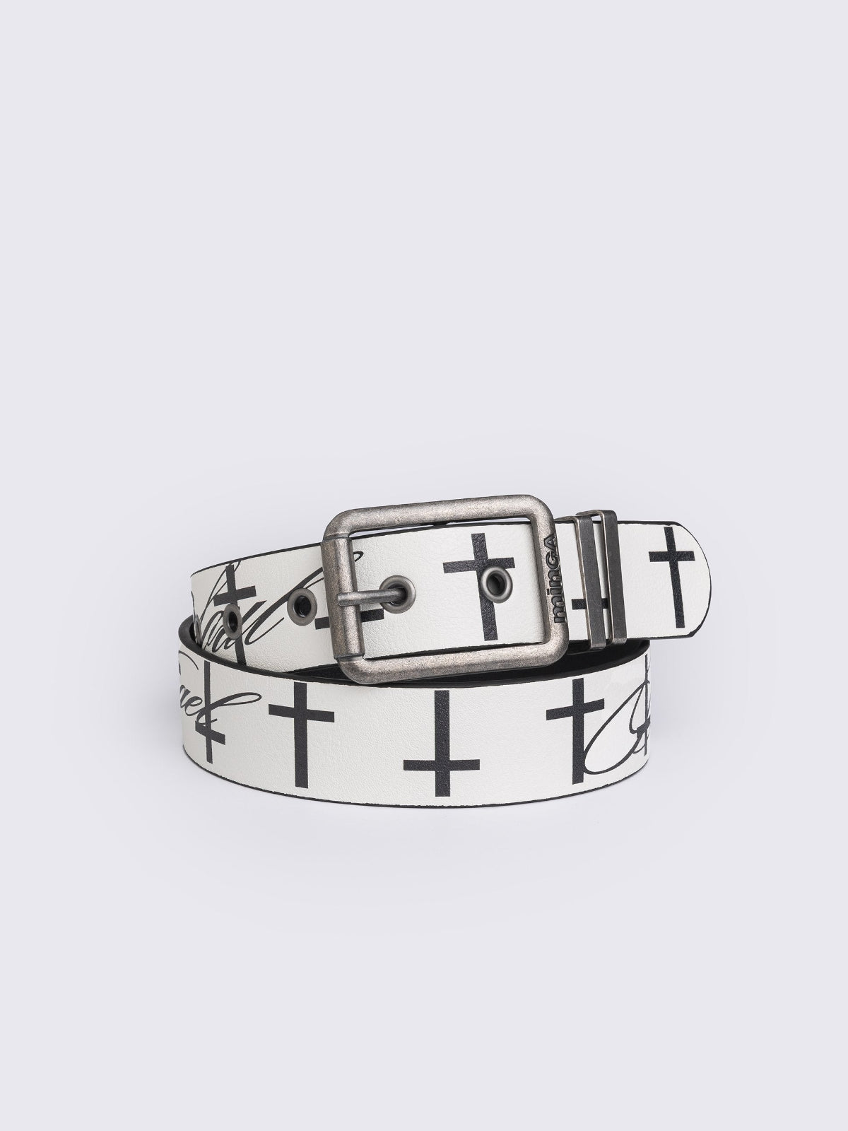 White vegan leather belt featuring "Chaotic angel" and crosses print.