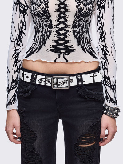 White vegan leather belt featuring "Chaotic angel" and crosses print.