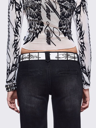 White vegan leather belt featuring "Chaotic angel" and crosses print.