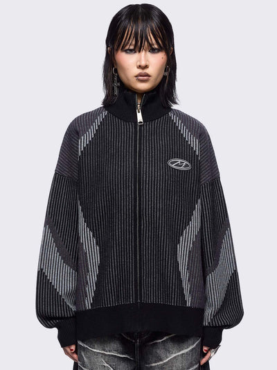 Black and grey color block knitted zip-up cardigan.