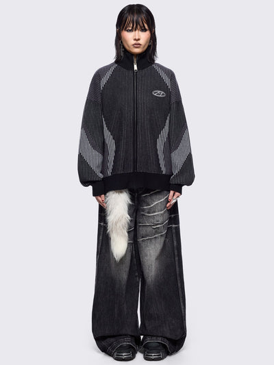 Black and grey color block knitted zip-up cardigan.