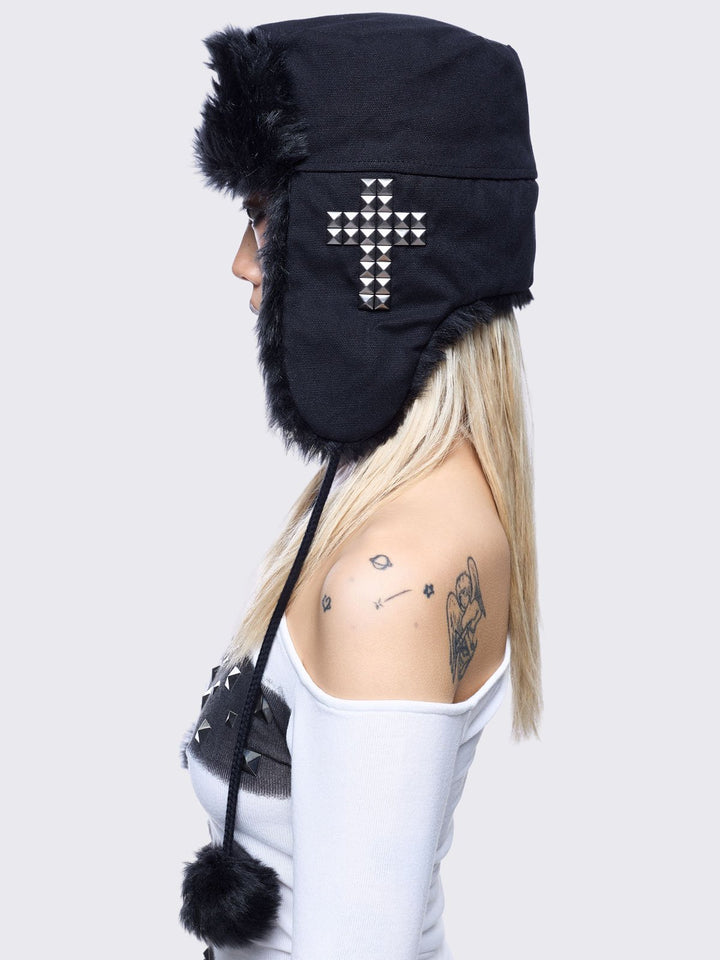 Black Faux Fur Fluffy Trapper Hat with Studded Cross | Minga