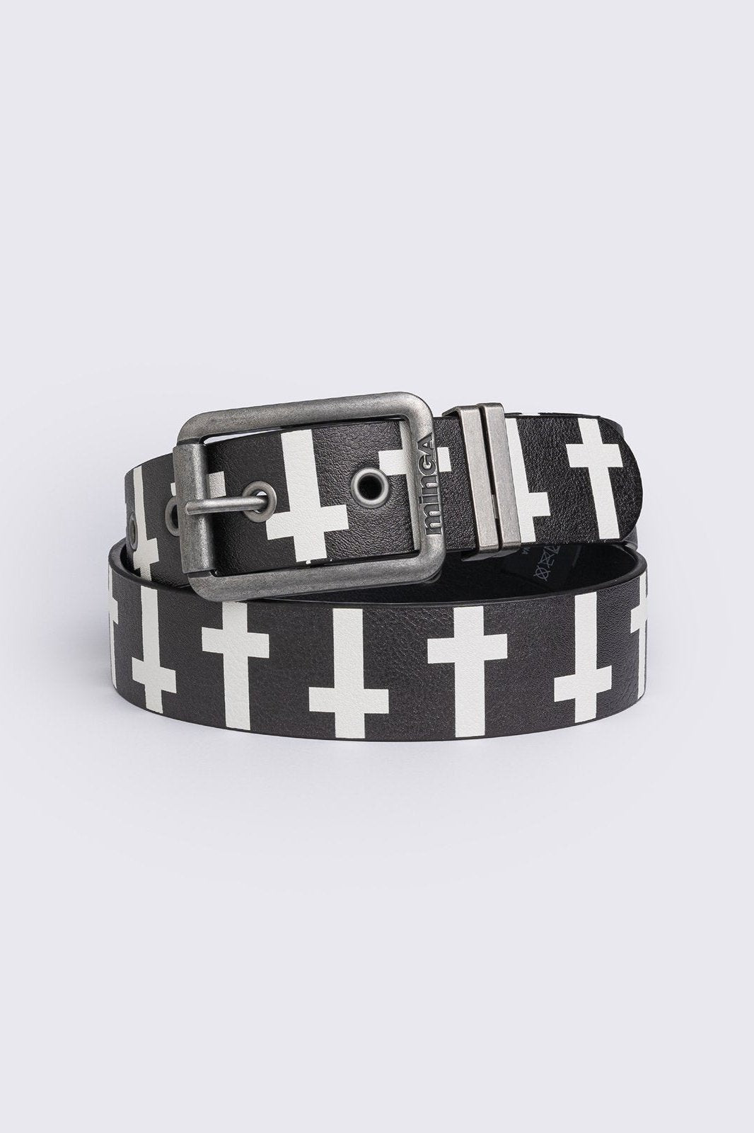 Black vegan leather belt with white crosses print