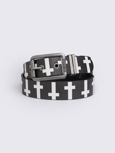 Black vegan leather belt with white crosses print
