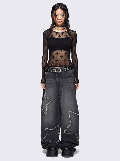 Black fishnet top with crosses design.