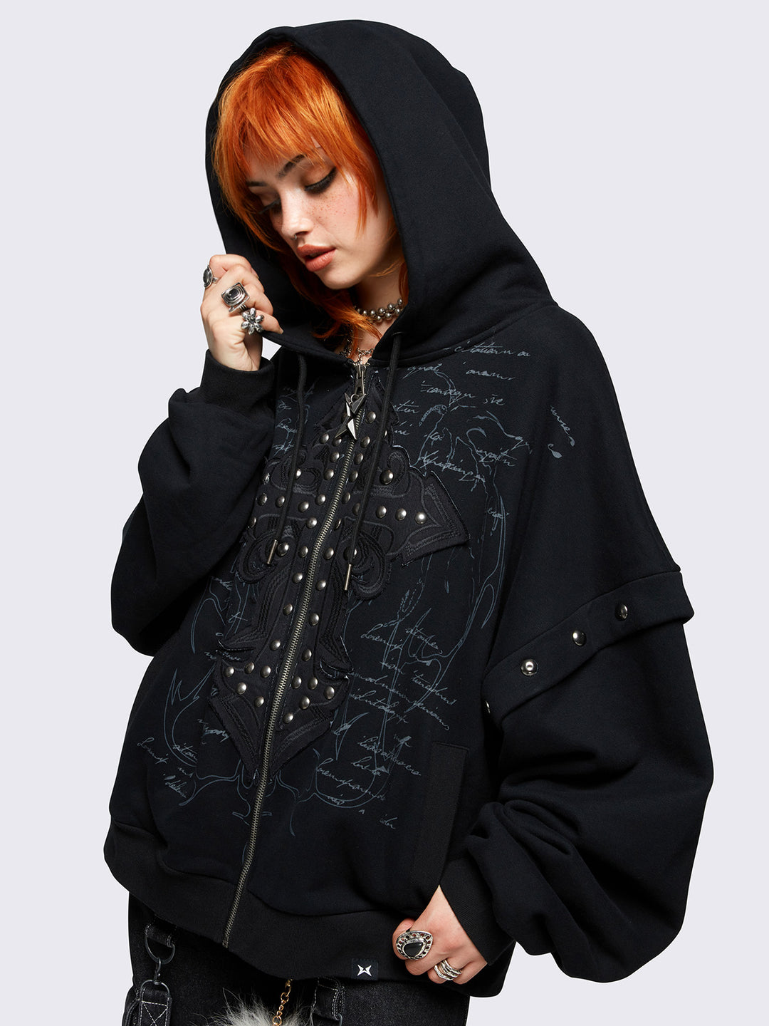 【KIXI】★(UNISEX) Mesh Finger Warmer Hood Zip-up Y2K Zipper Hoodie - Heather Grey