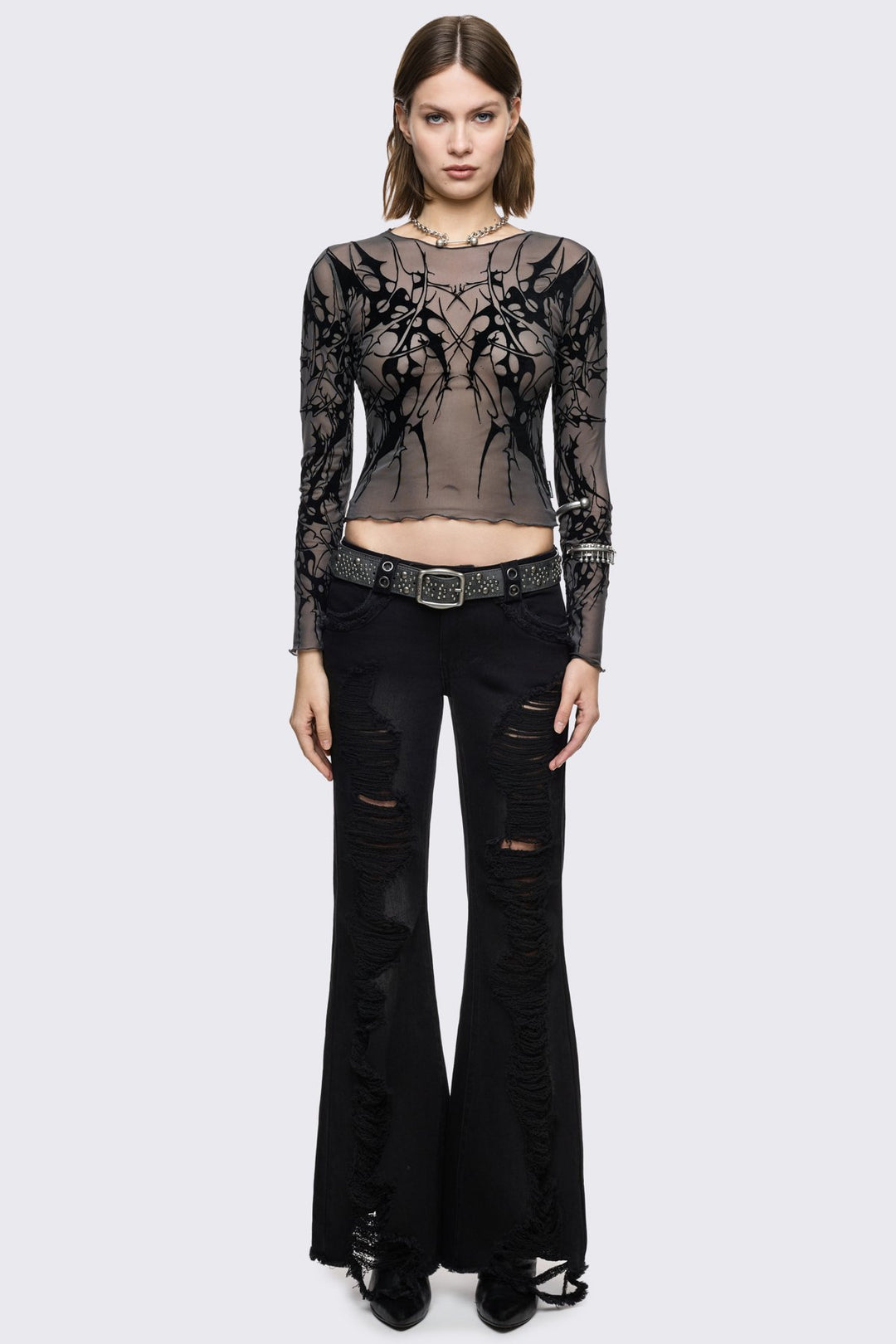Grey Mesh Top with Cyber Sigilism Graphic | Minga London