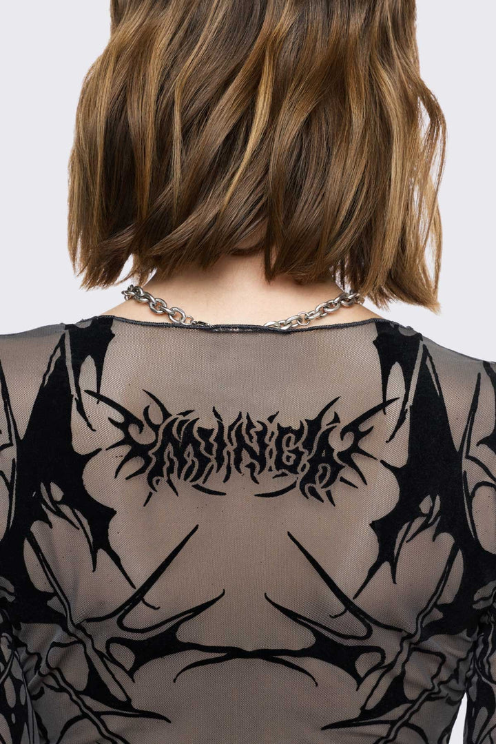 トップス Minga London spikey setup Grey Mesh Top with Cyber Sigilism Graphic | Minga London
