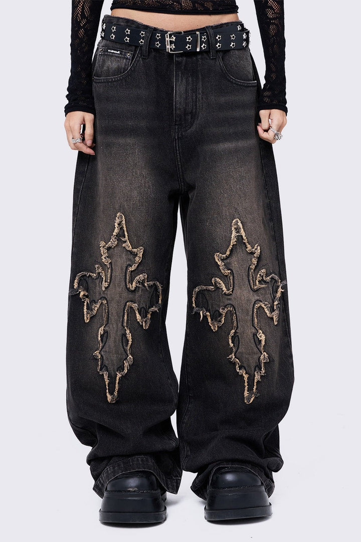 Black Wash Baggy Jeans with Cross Patches | Minga London – Minga