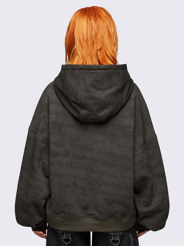 Khaki Graphic Zip-Up Hoodie with Studded Cross Patch | Minga