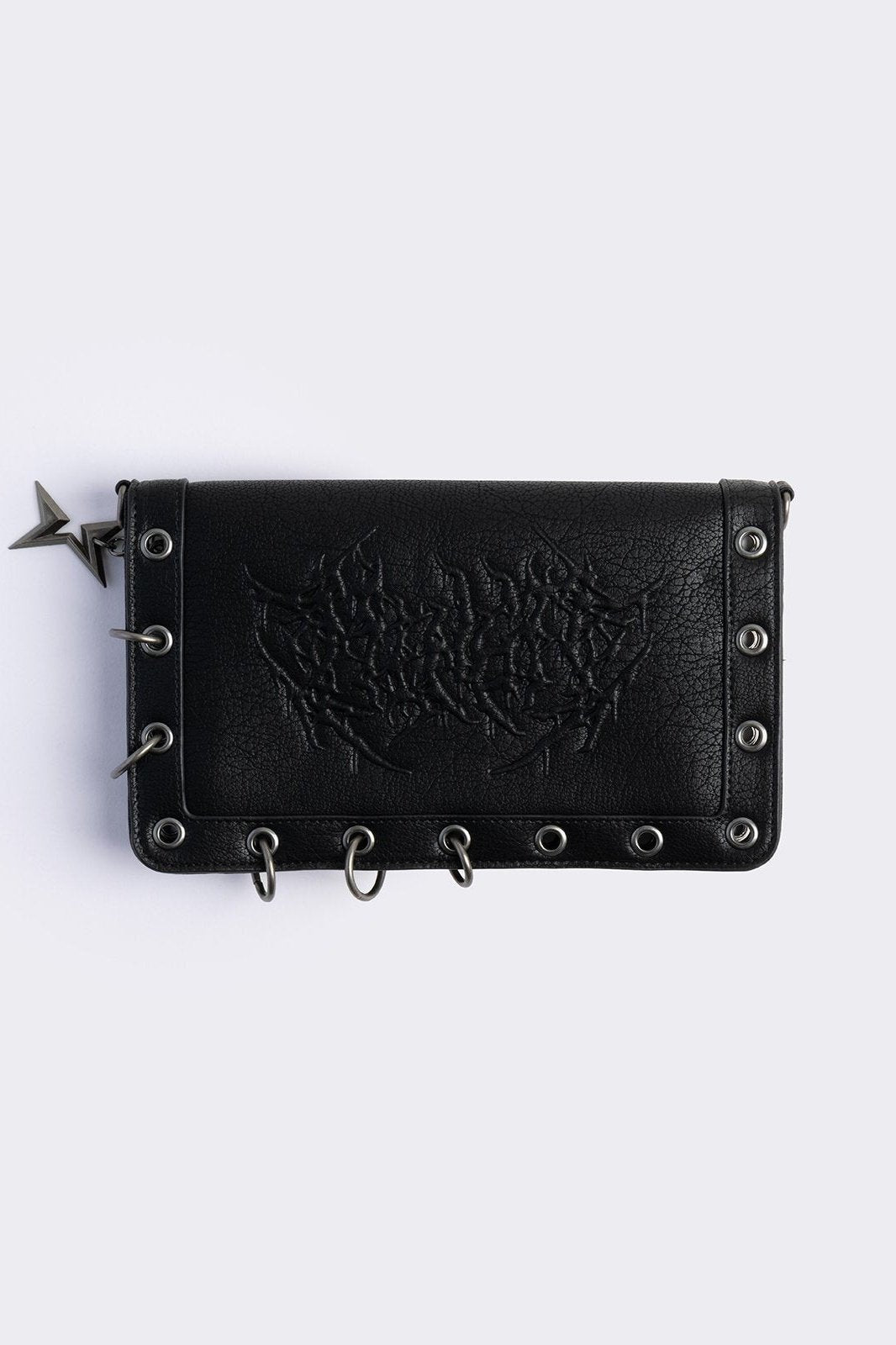 Black faux leather wallet with sigilism embossed graphic and silver eyelet and O-ring details.