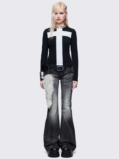 Black long sleeve top with white chunky cross with silver studs