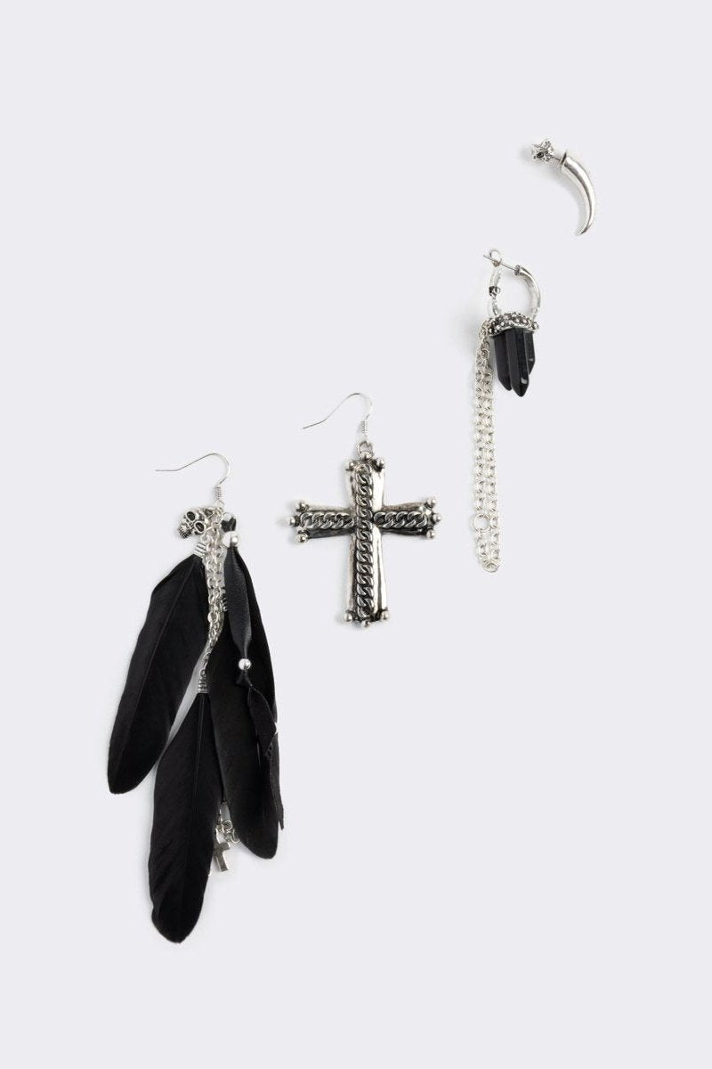 Silver 5pc earring set with black feathers, cross and gem pendants.