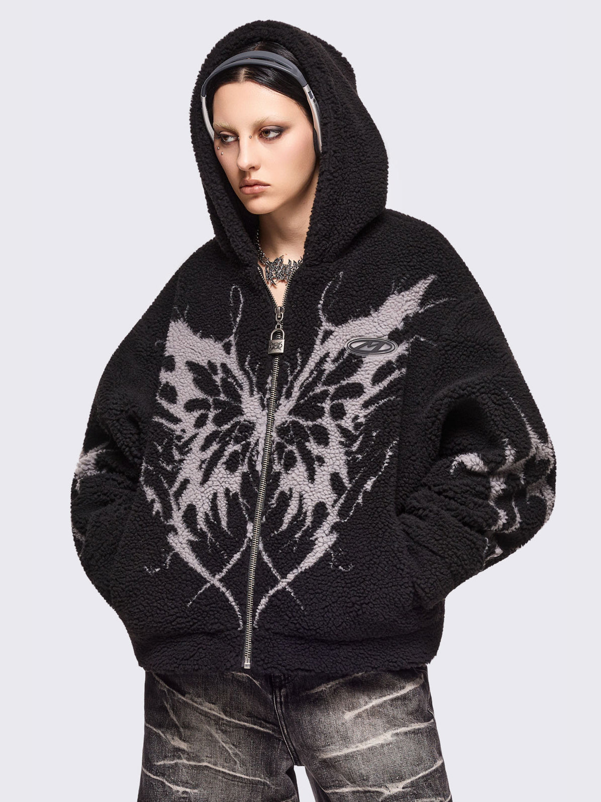 Black borg fleece hoodie jacket featuring a grey dark butterfly sigil design.