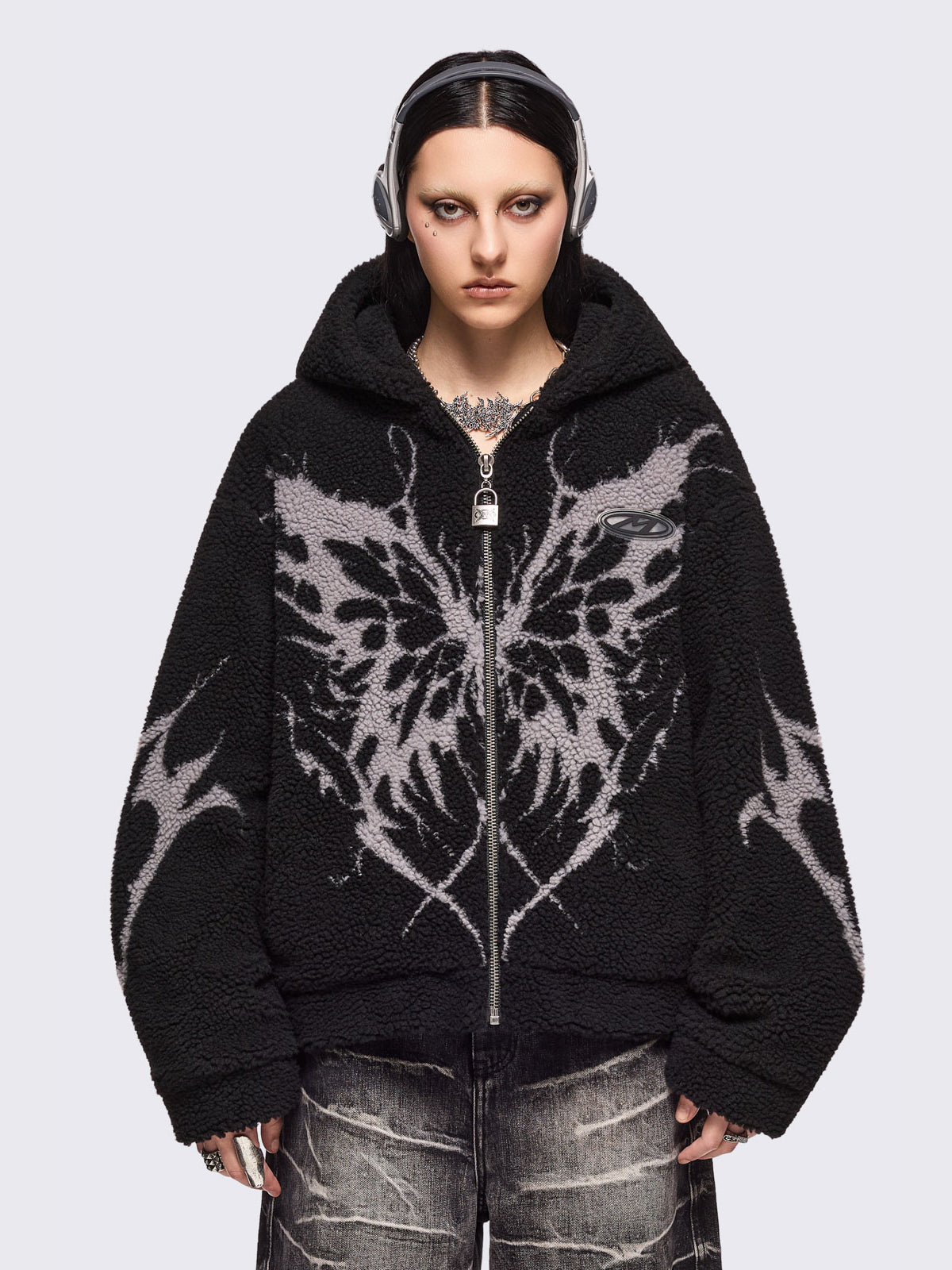 Black borg fleece hoodie jacket featuring a grey dark butterfly sigil design.