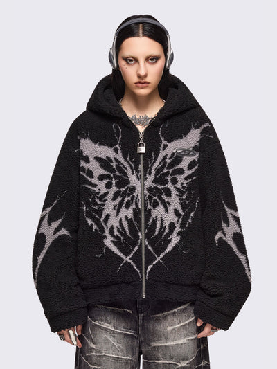 Black borg fleece hoodie jacket featuring a grey dark butterfly sigil design.