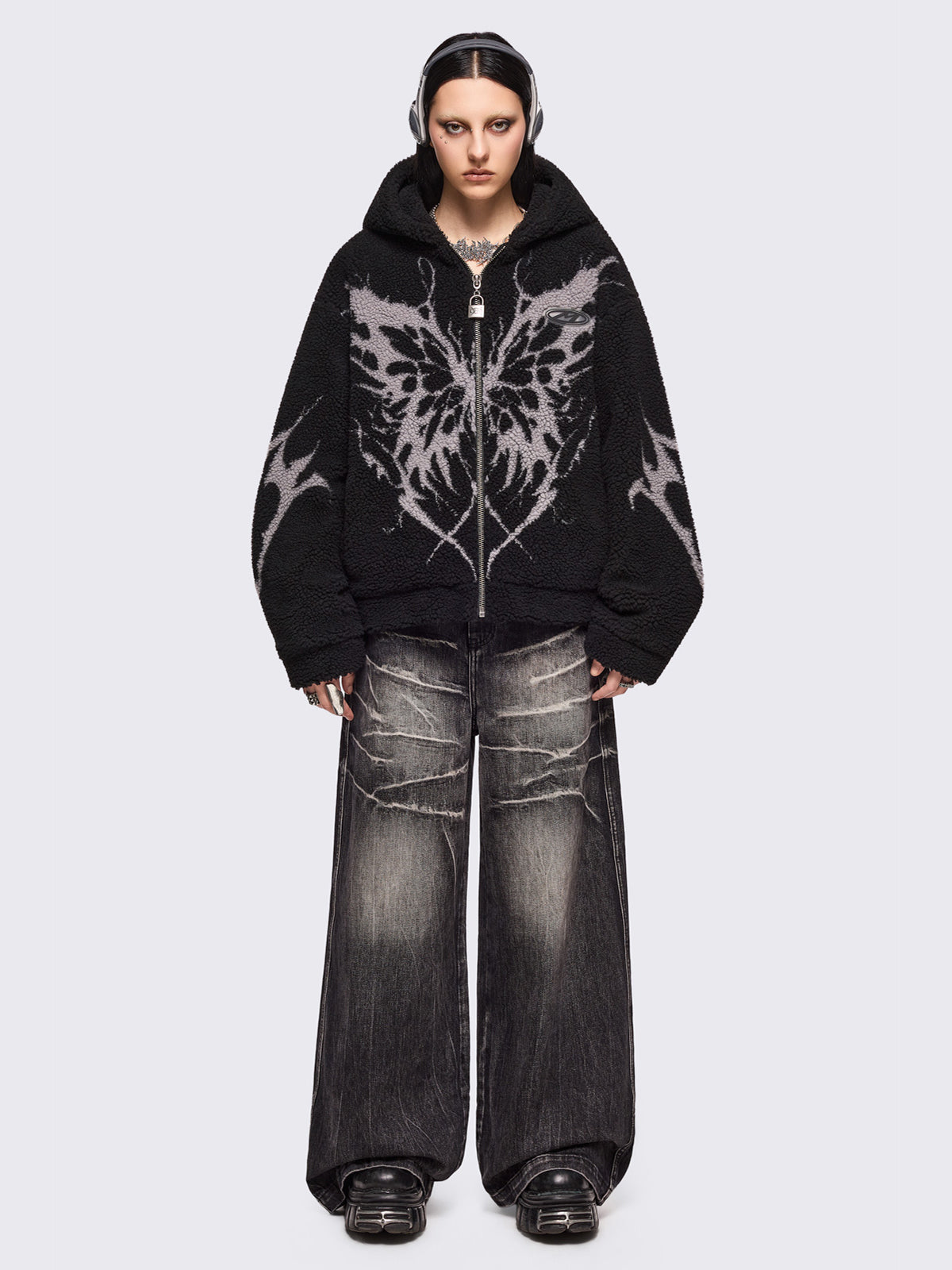 Black borg fleece hoodie jacket featuring a grey dark butterfly sigil design.
