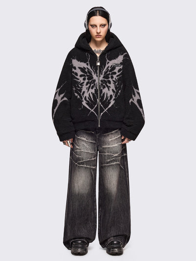 Black borg fleece hoodie jacket featuring a grey dark butterfly sigil design.