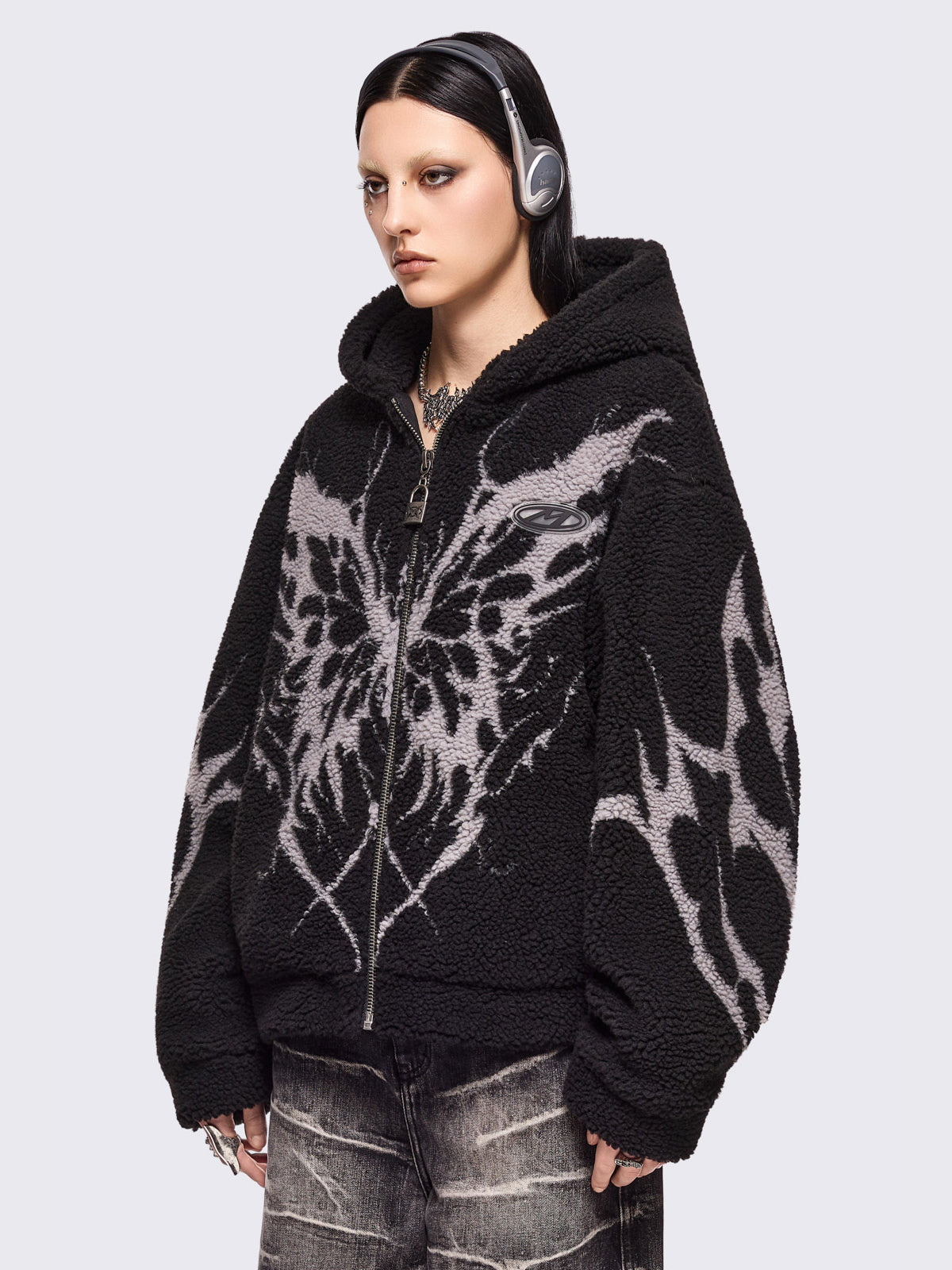 Black borg fleece hoodie jacket featuring a grey dark butterfly sigil design.