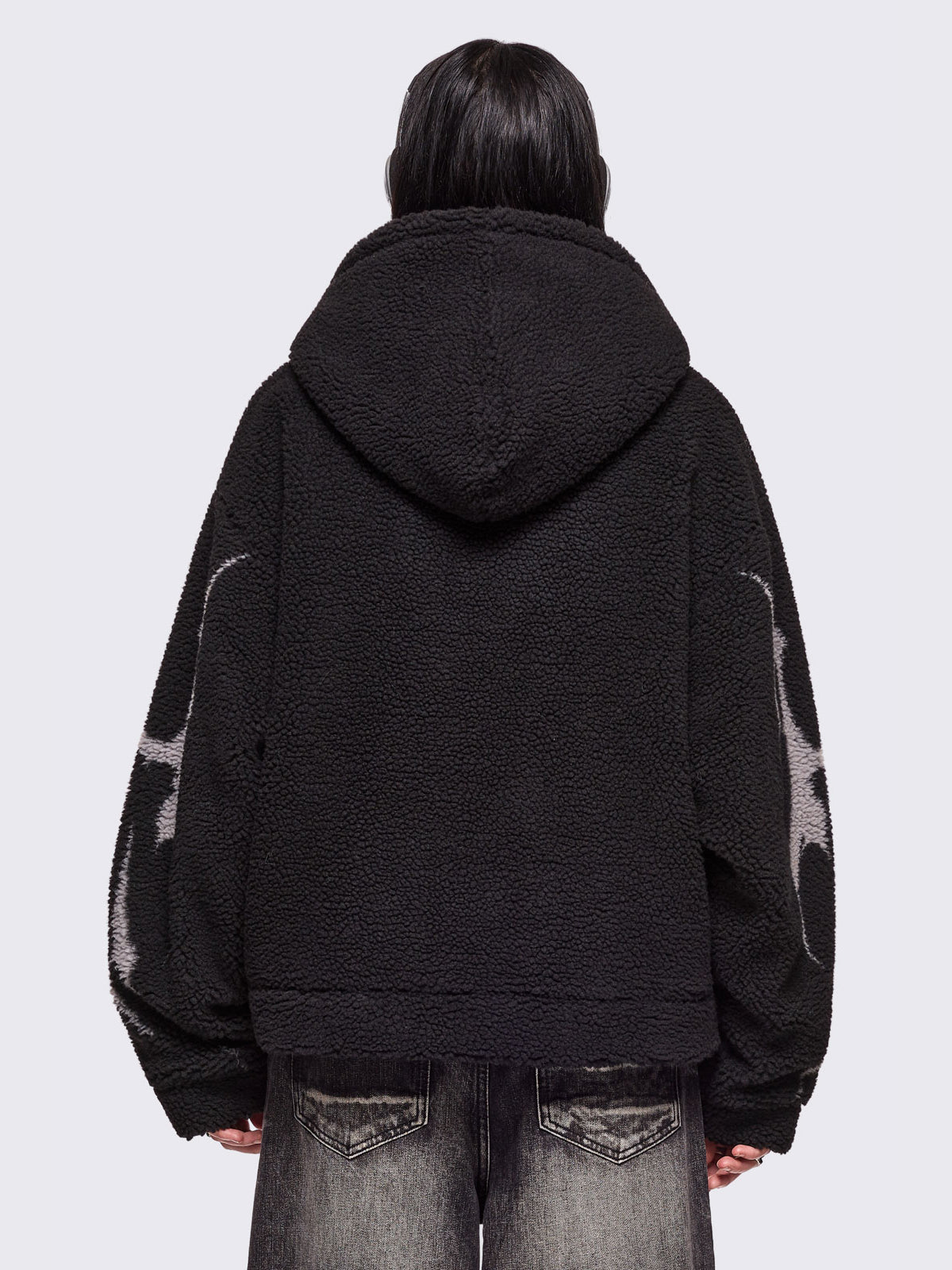 Black borg fleece hoodie jacket featuring a grey dark butterfly sigil design.