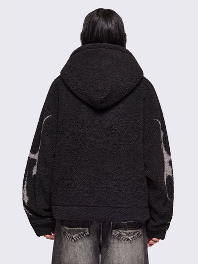 Black borg fleece hoodie jacket featuring a grey dark butterfly sigil design.