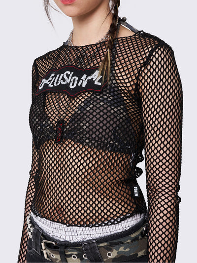 Fishnet Long Sleeve Top with a Patch Print