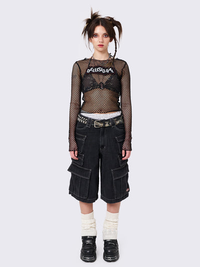 Fishnet Long Sleeve Top with a Patch Print