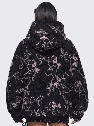 Black fleece borg hoodie jacket featuring all over pink rosary designs.