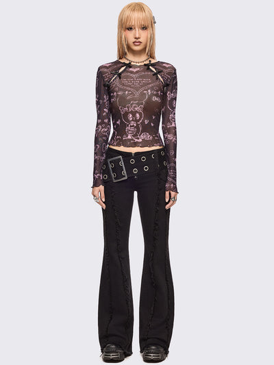 Black mesh top with all over pink graphic print by Esther Bunny artist and cut out details with bows.