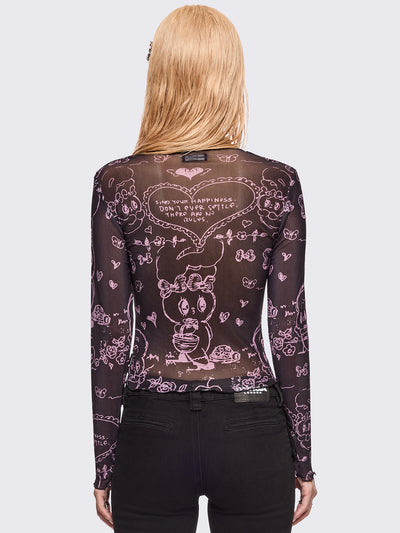 Black mesh top with all over pink graphic print by Esther Bunny artist and cut out details with bows.