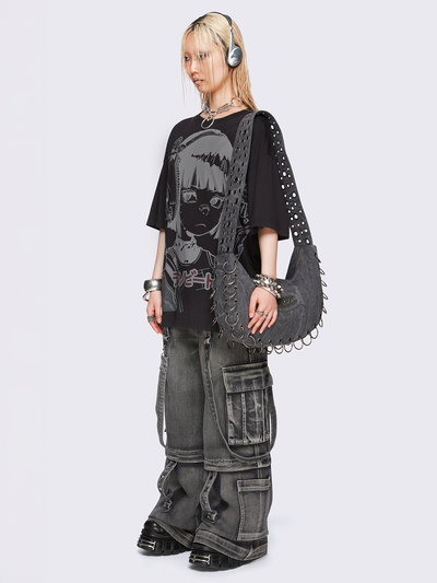 Black oversized t-shirt with cyber anime girl graphic print. 
