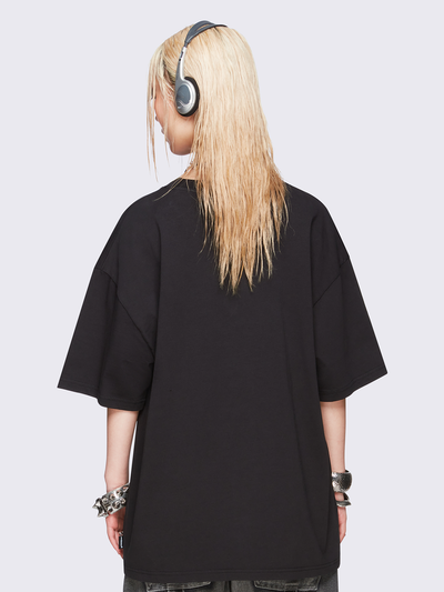 Black oversized t-shirt with cyber anime girl graphic print. 