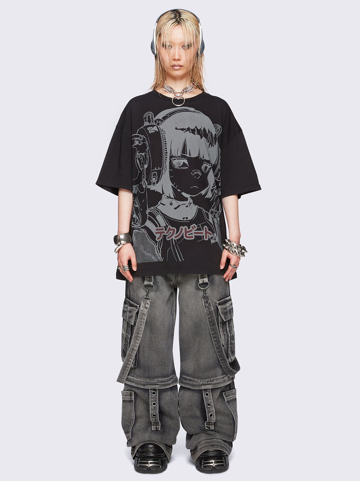 Black oversized t-shirt with cyber anime girl graphic print. 