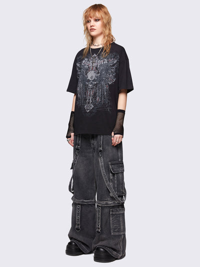 Black graphic t-shirt with "Dystopia" winged skull graphic front print. Relaxed oversize fit style.